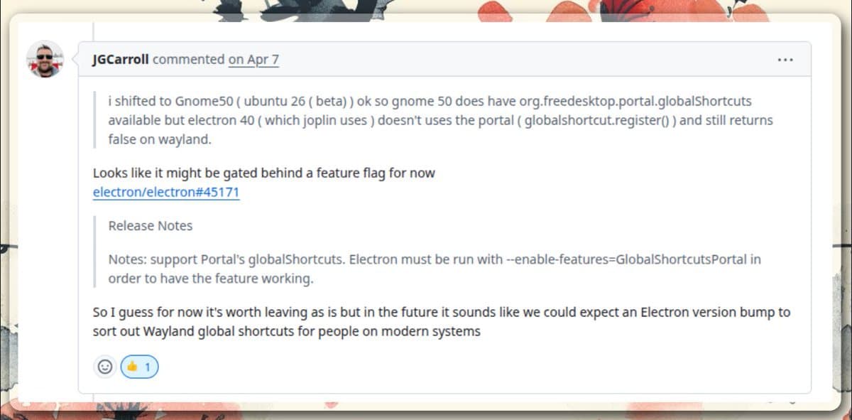 Pull request follow-up noting Electron global shortcut portal support may be gated behind a feature flag.