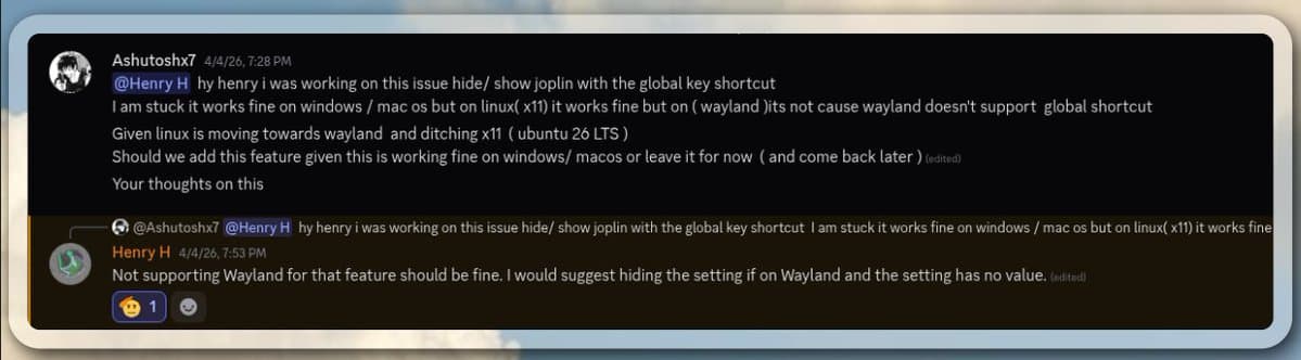 Discord conversation with a mentor about hiding the global shortcut setting on Wayland.