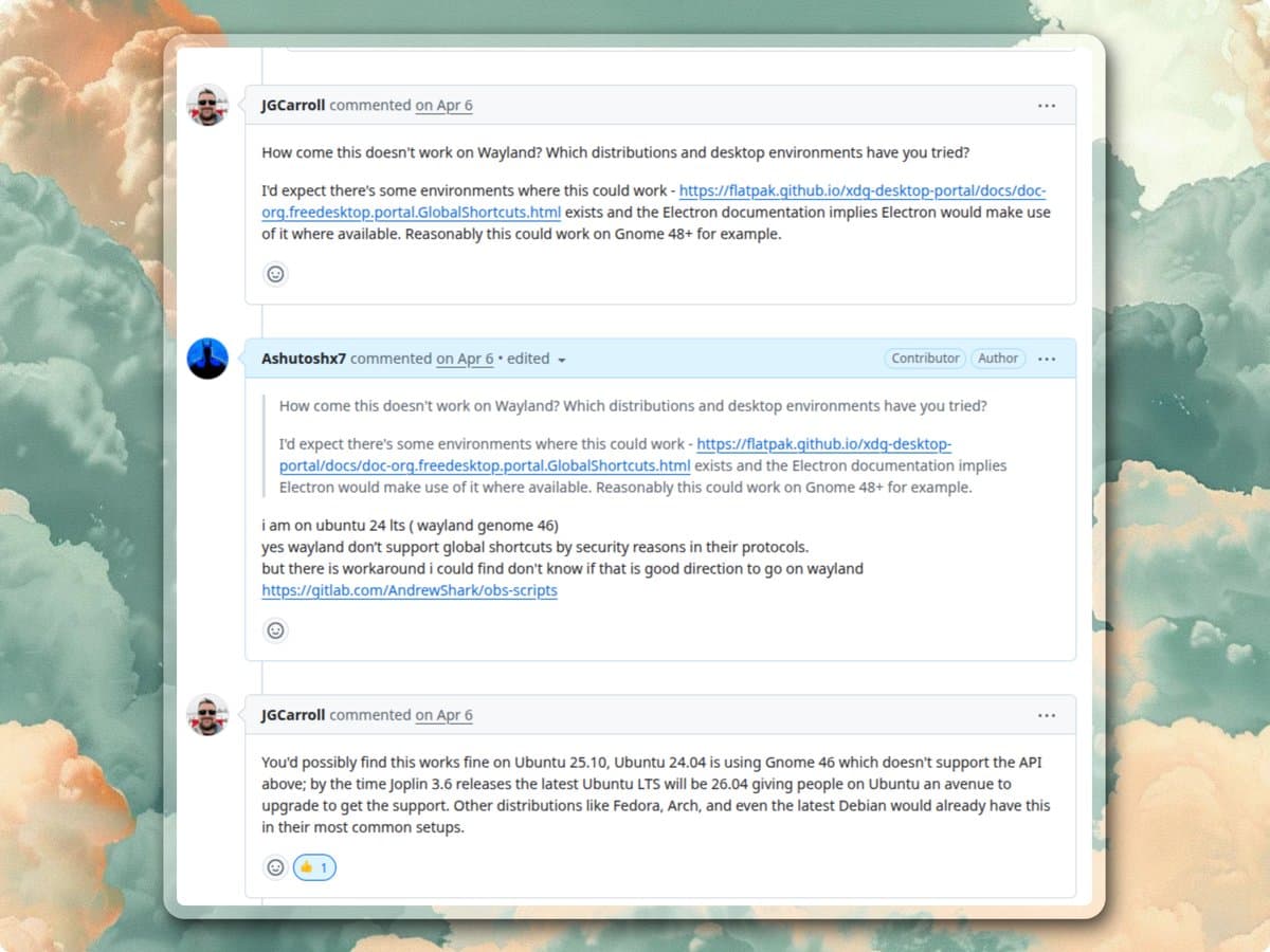 Joplin pull request discussion where a maintainer asks why global shortcuts do not work on Wayland.