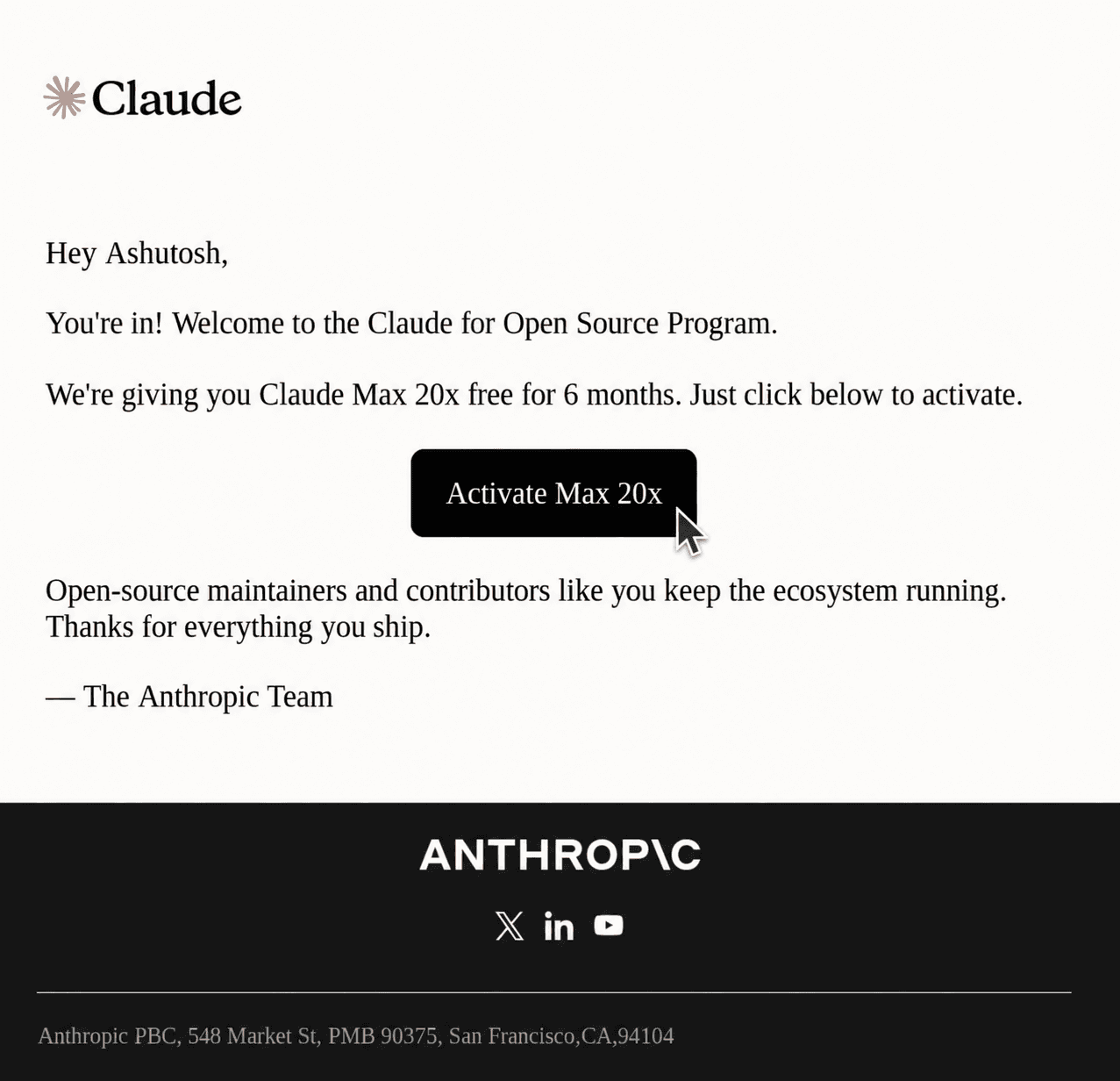 Accepted into the Claude for Open Source Program