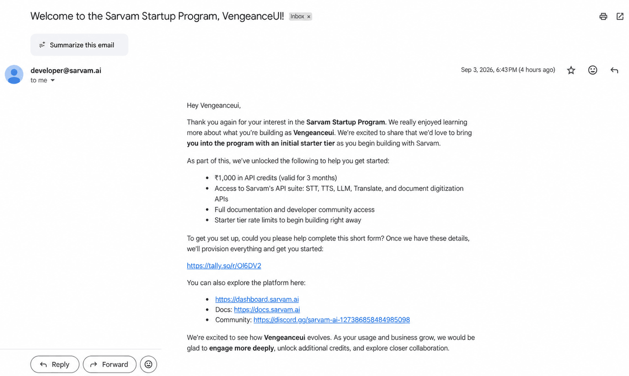 VengenceUI accepted into the Sarvam Startup Program
