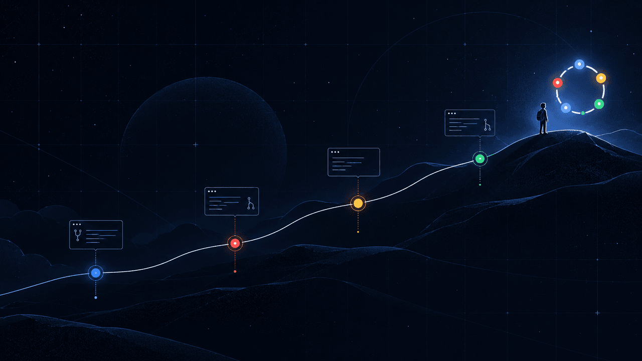 A minimalist path through four colorful milestones, code contributions, and an open-source community.