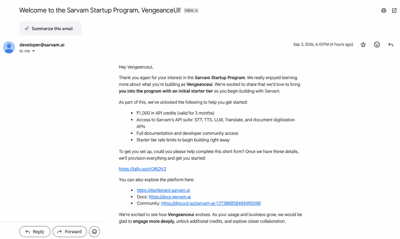 VengenceUI accepted into the Sarvam Startup Program